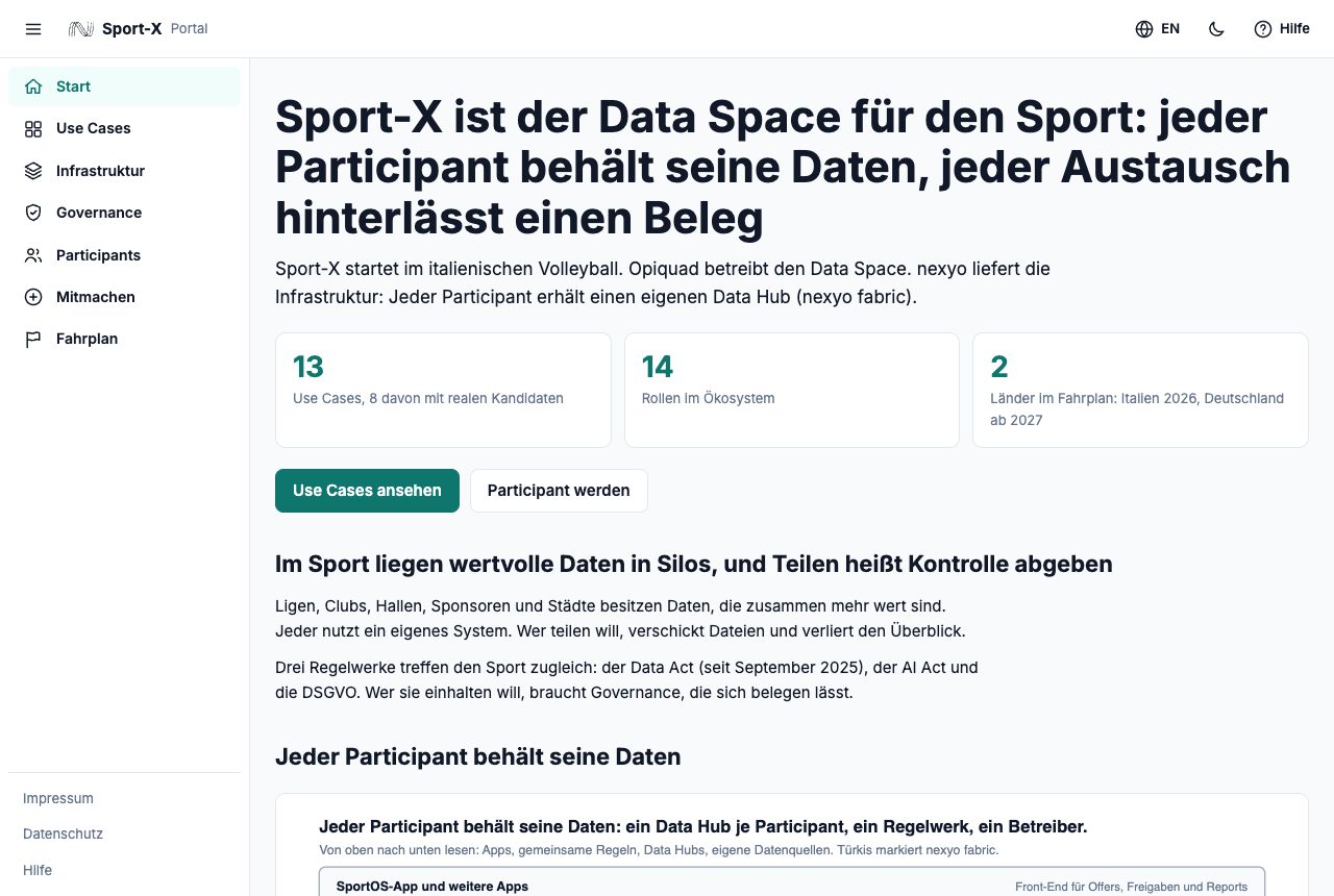 Startseite des Portals mit Überschrift, drei Kennzahlen und zwei Schaltflächen. Links steht die Seitenleiste.