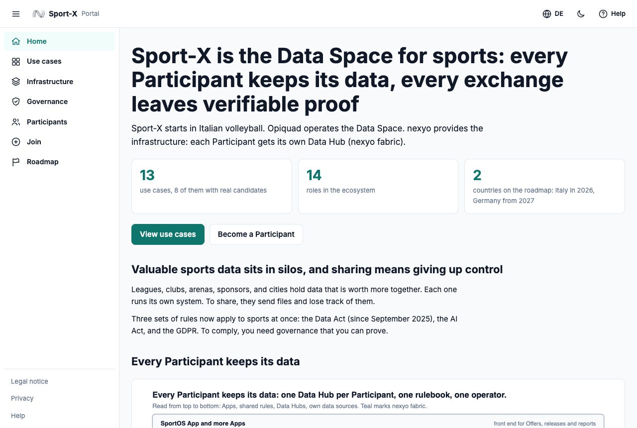 Home page of the portal with the headline, three key figures, and two buttons. The sidebar is on the left.