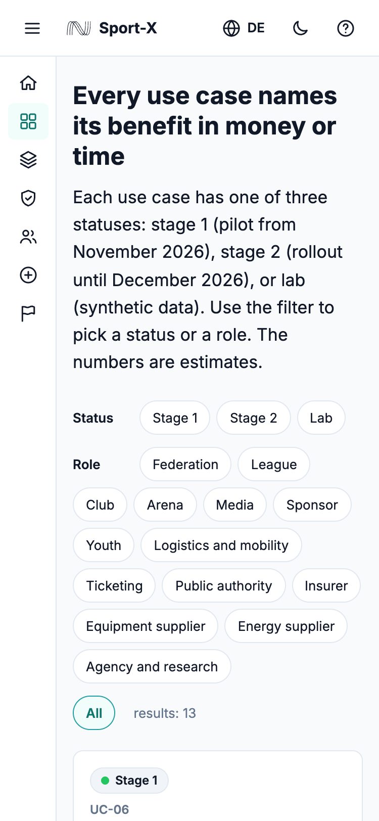 Use cases page on a phone. The sidebar shows only icons and the filters are below the headline.
